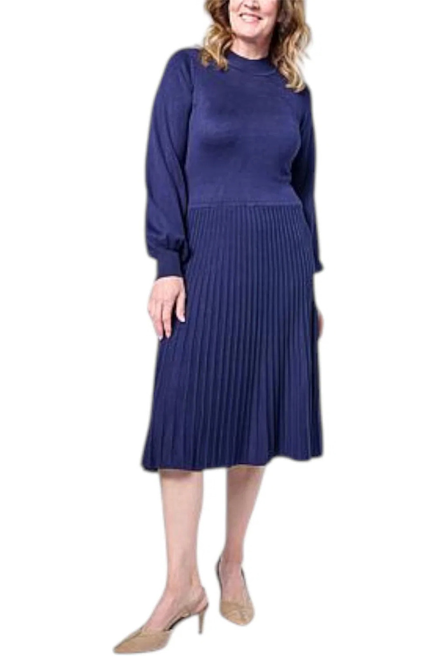 Antthony Women's Mock Neck Sweater Knit Pleated Dress Navy - Regular